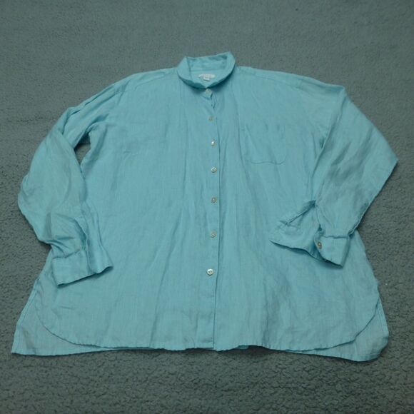 J Jill Love Linen Top Womens Medium Tall Button Up Long Sleeve Lagenlook Blue - Picture 1 of 9